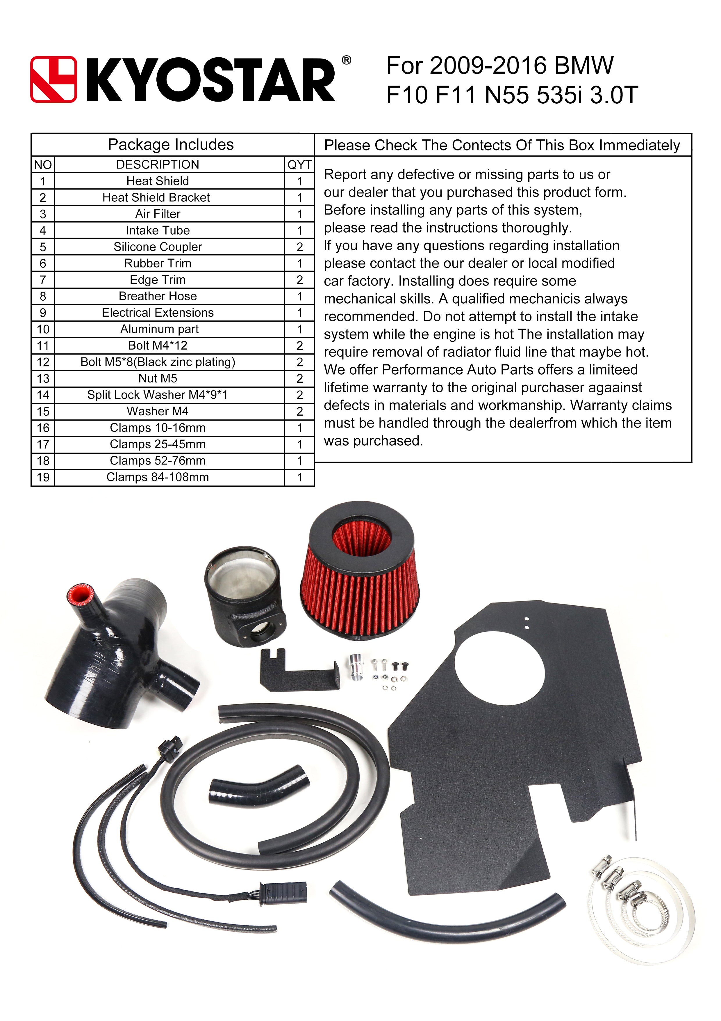 KYOSTAR High Flow Cold Air Intake Kit for BMW F10 F11 535i N55 3.0T L6 2011-2016