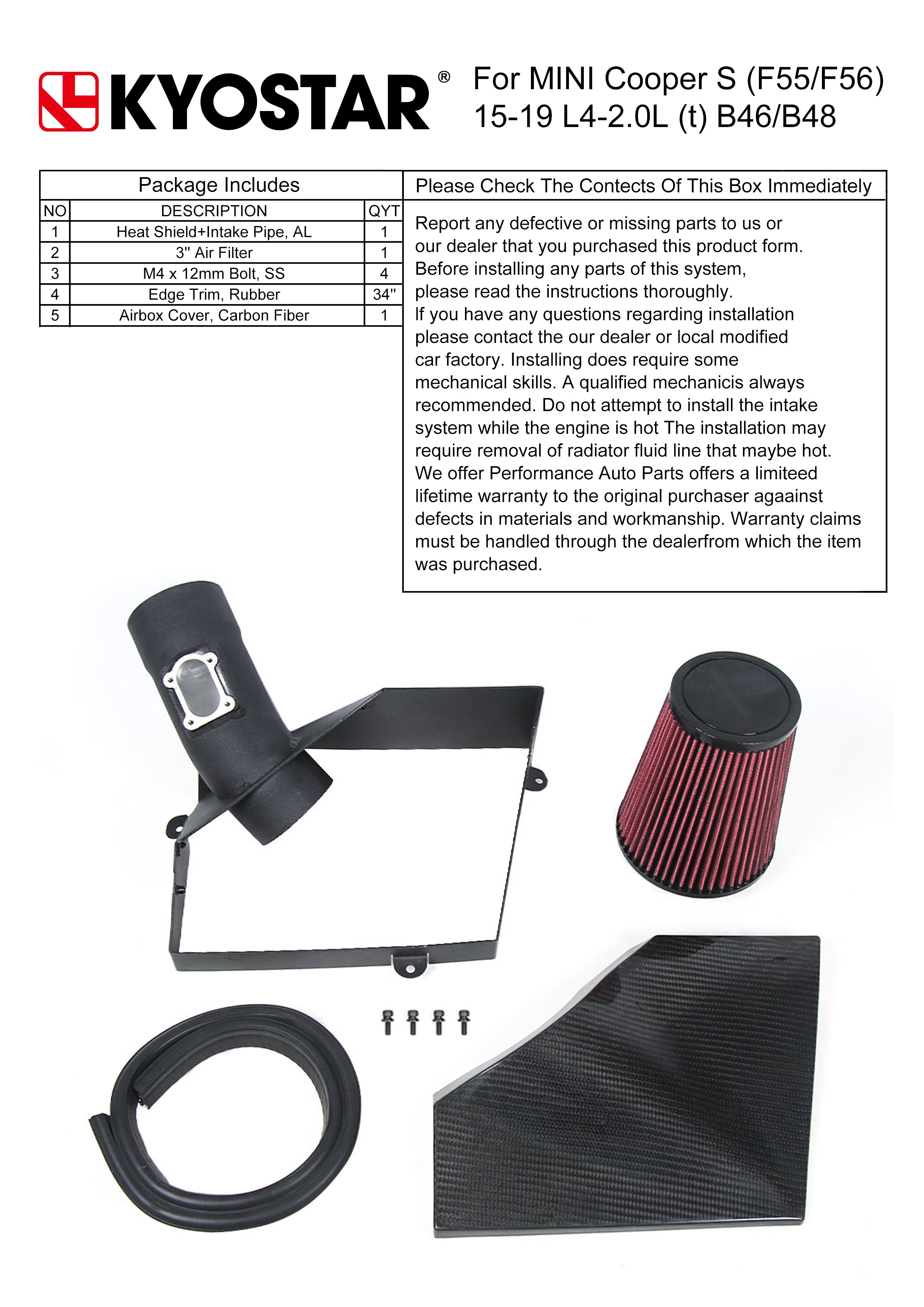KYOSTAR Carbon Fiber Cold Air Intake System for 2015-2019 MINI F55 F56 Cooper S B46 B48 2.0T